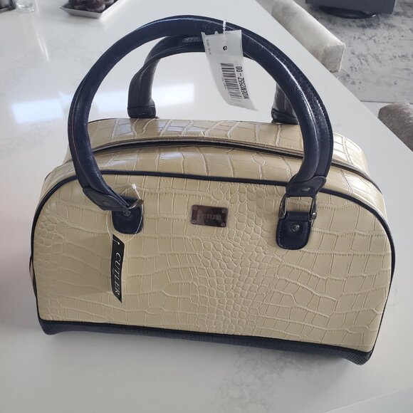 Cutler New Cream & Navy Croc Embossed Bowling Bag Duffle Style Satchel Bag - Picture 1 of 14